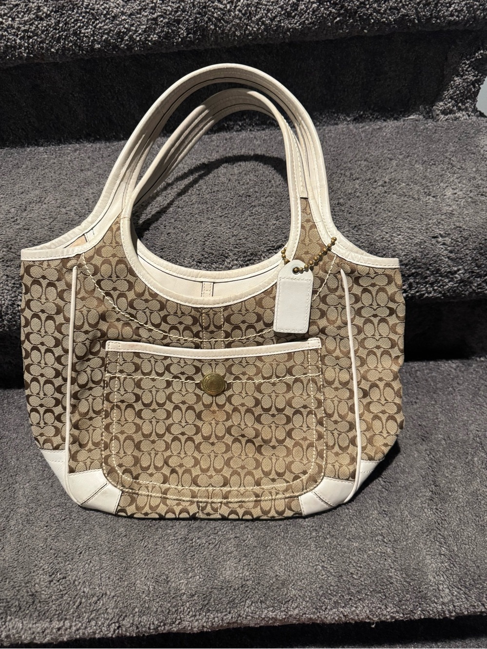 Coach Khaki Signature Canvas Shoulder Tote with White Trim